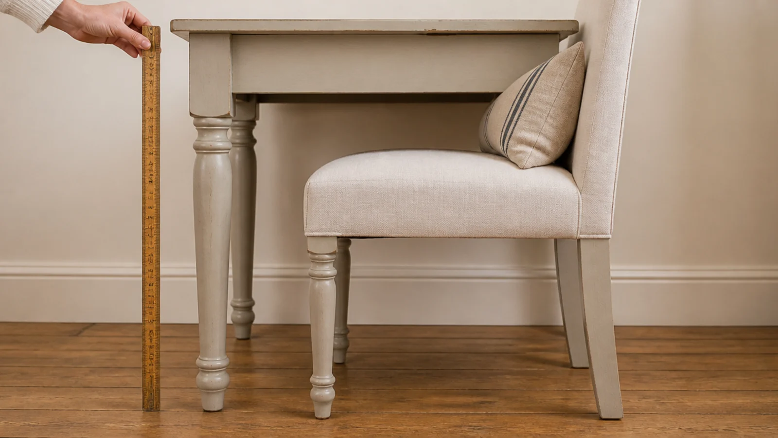 chair pulled up to a desk with a rule showing seated height