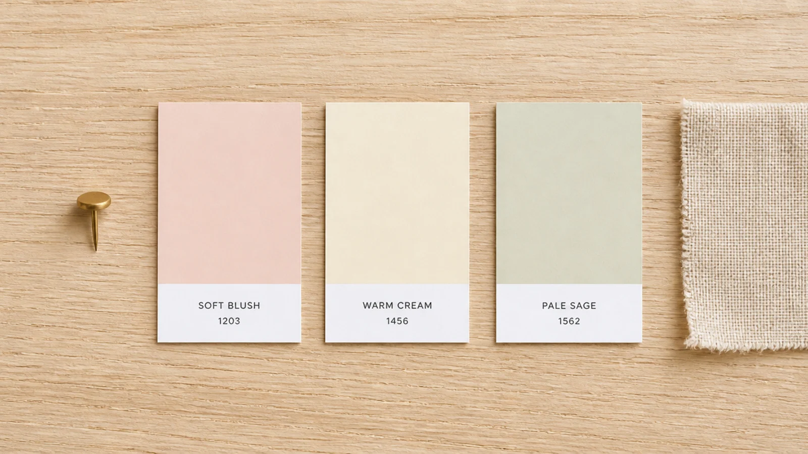 three paint swatches and a brass pin arranged on a desk top