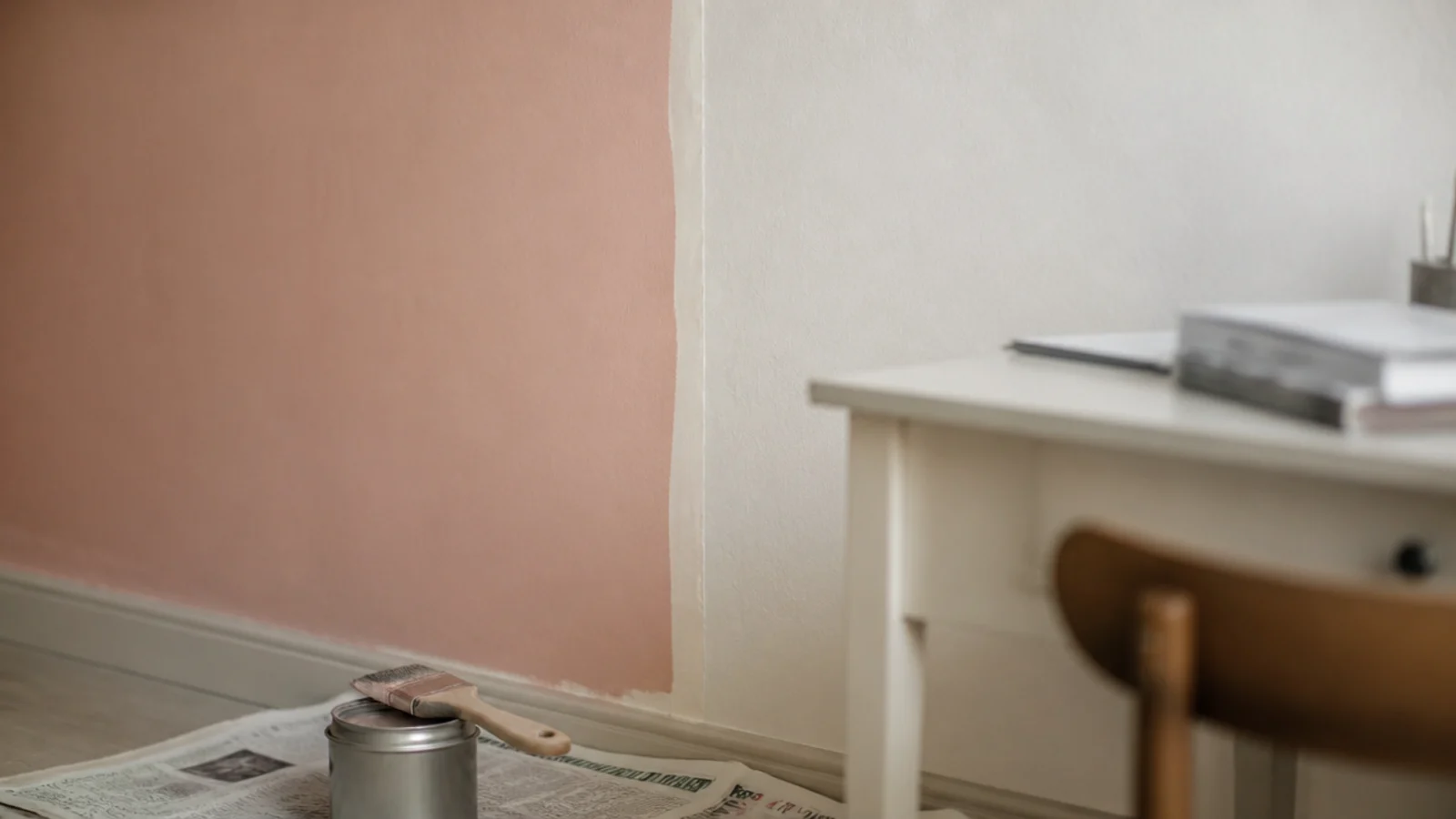 soft coloured paint panel drying on the wall behind a desk