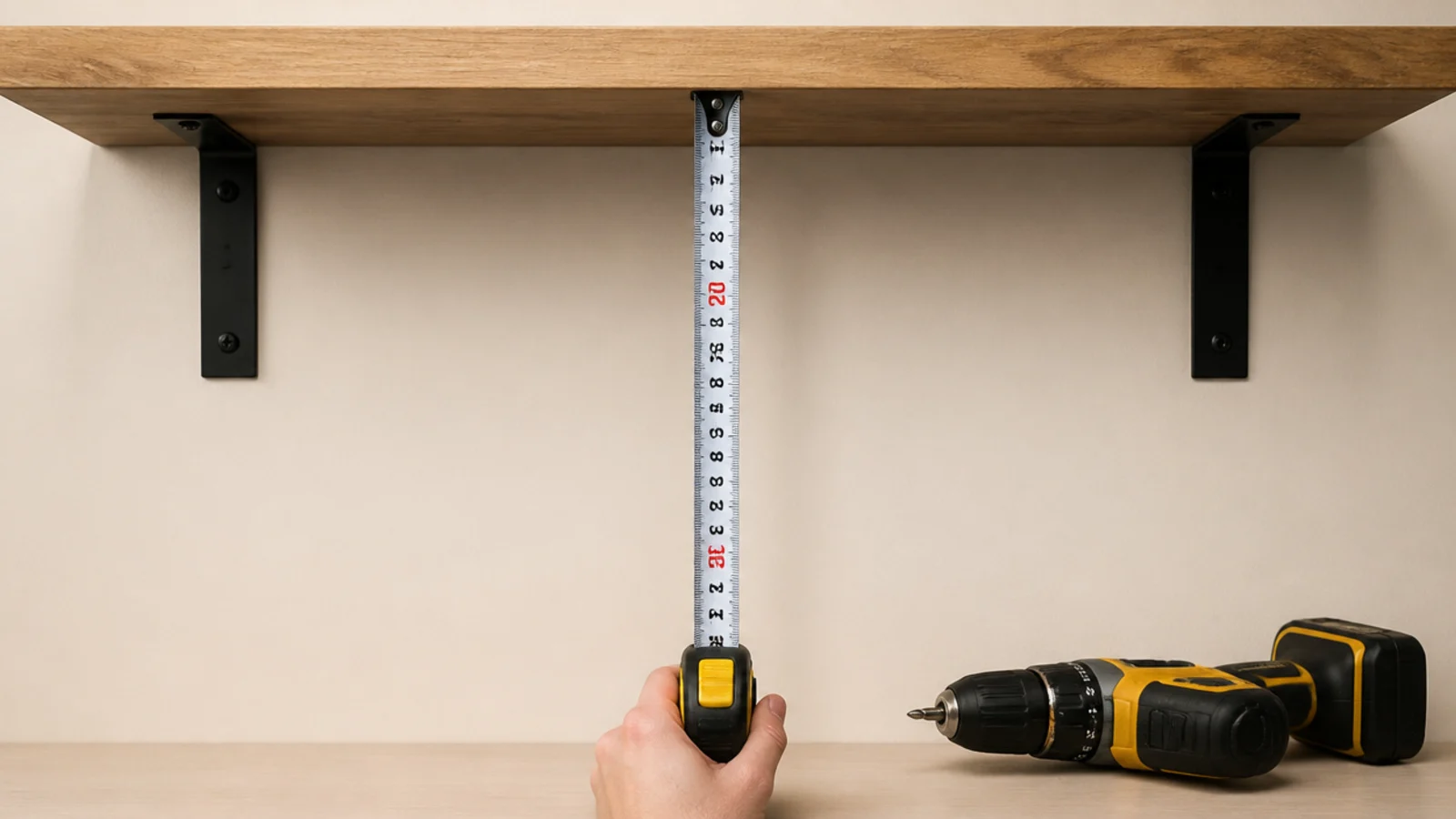 tape measure held from a desk top to a new shelf underside