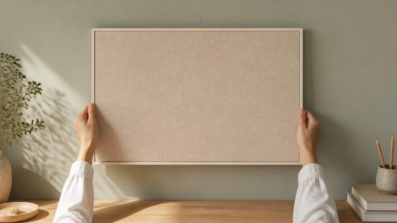 linen covered pinboard being hung centrally above a study desk