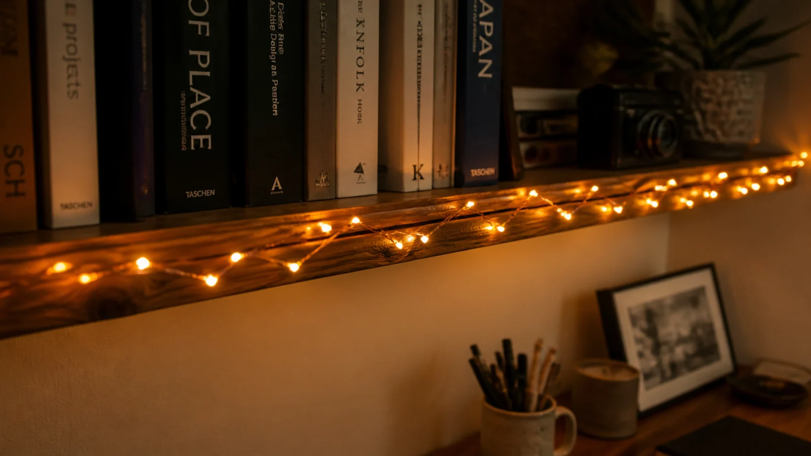 fine warm string lights draped along the front edge of a shelf