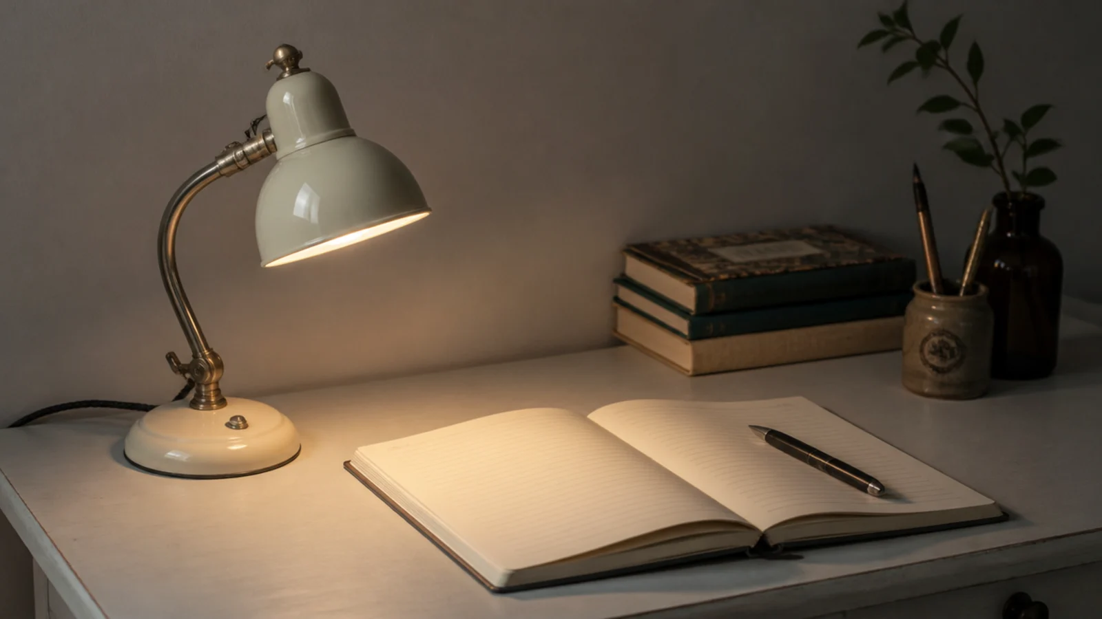 small lamp on the left of a desk lighting an open notebook
