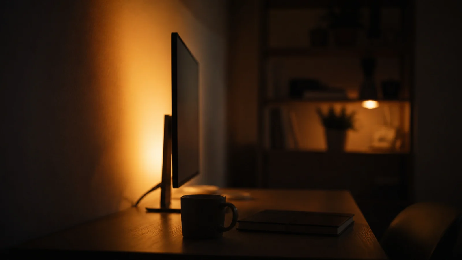 soft warm glow spilling from behind a monitor onto a wall