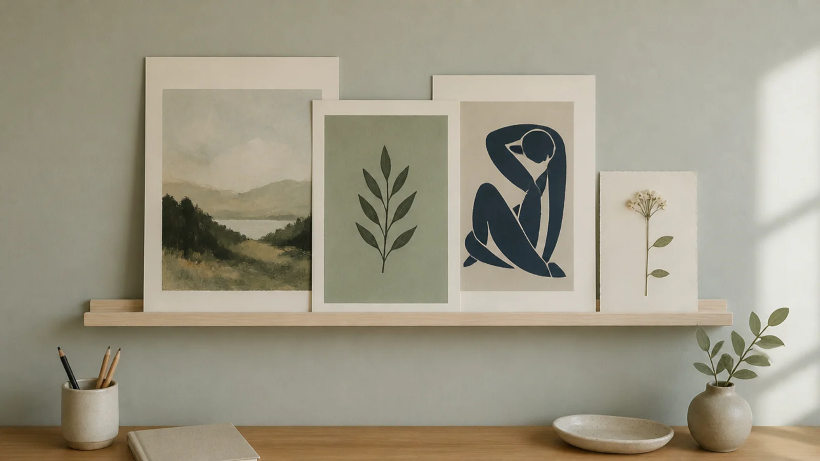 overlapping unframed prints leaning on a narrow wall ledge