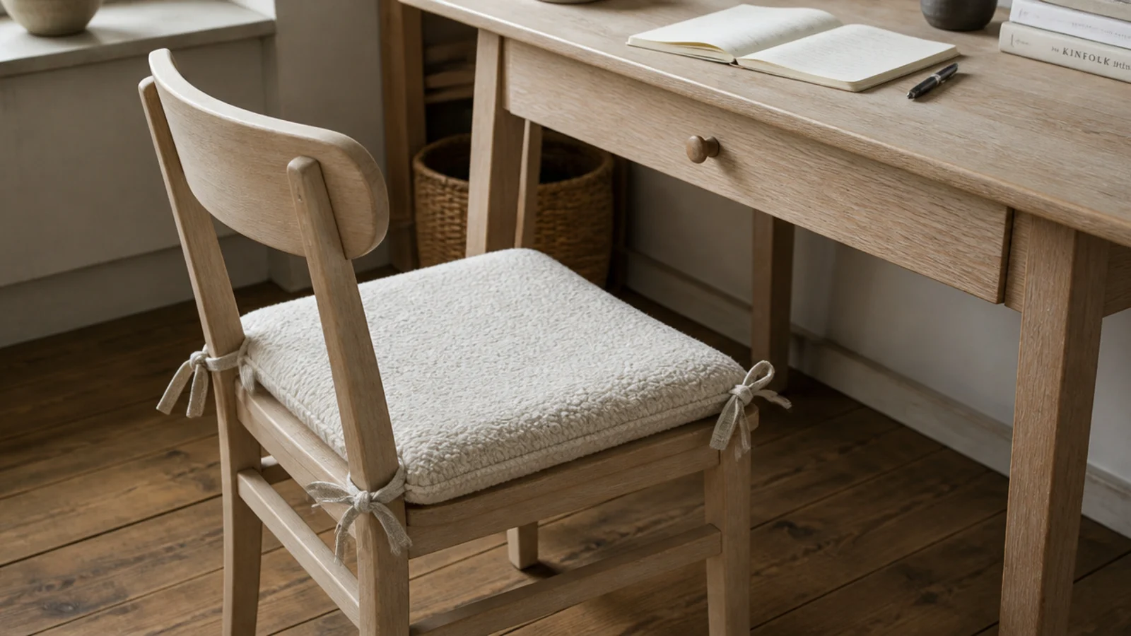 small wool cushion tied onto a wooden study chair seat
