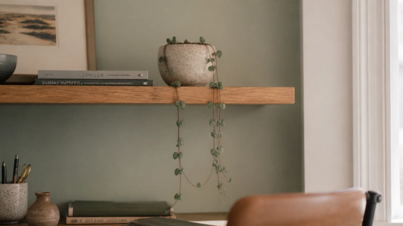 trailing plant on a shelf with vines falling toward the desk
