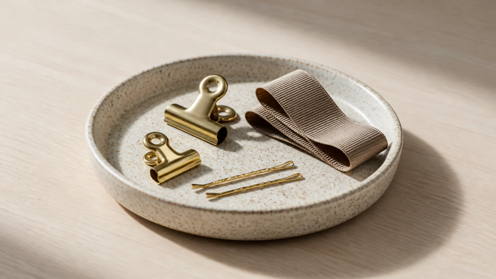 small ceramic tray holding clips a ribbon and hair pins