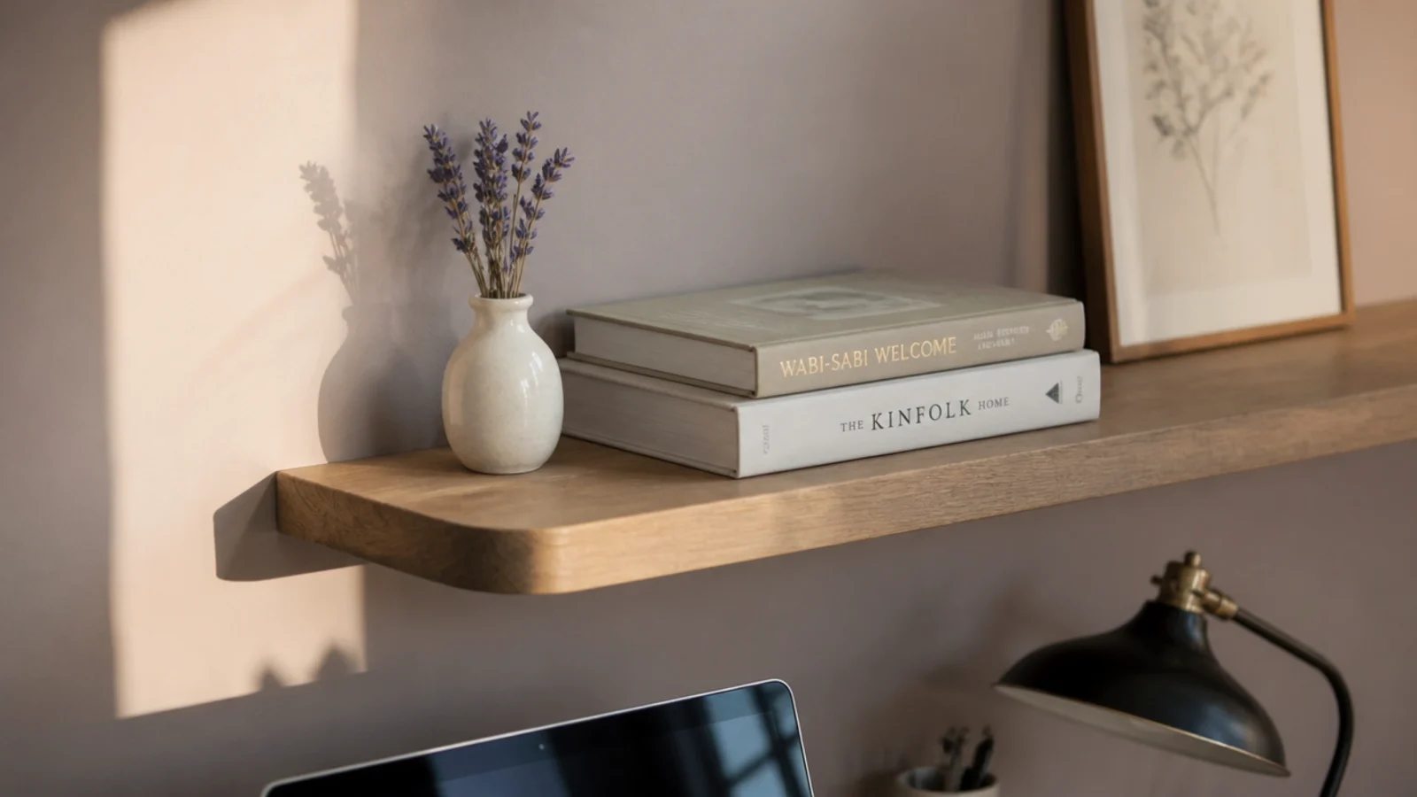 small dried bunch in a bud vase on a styled study shelf