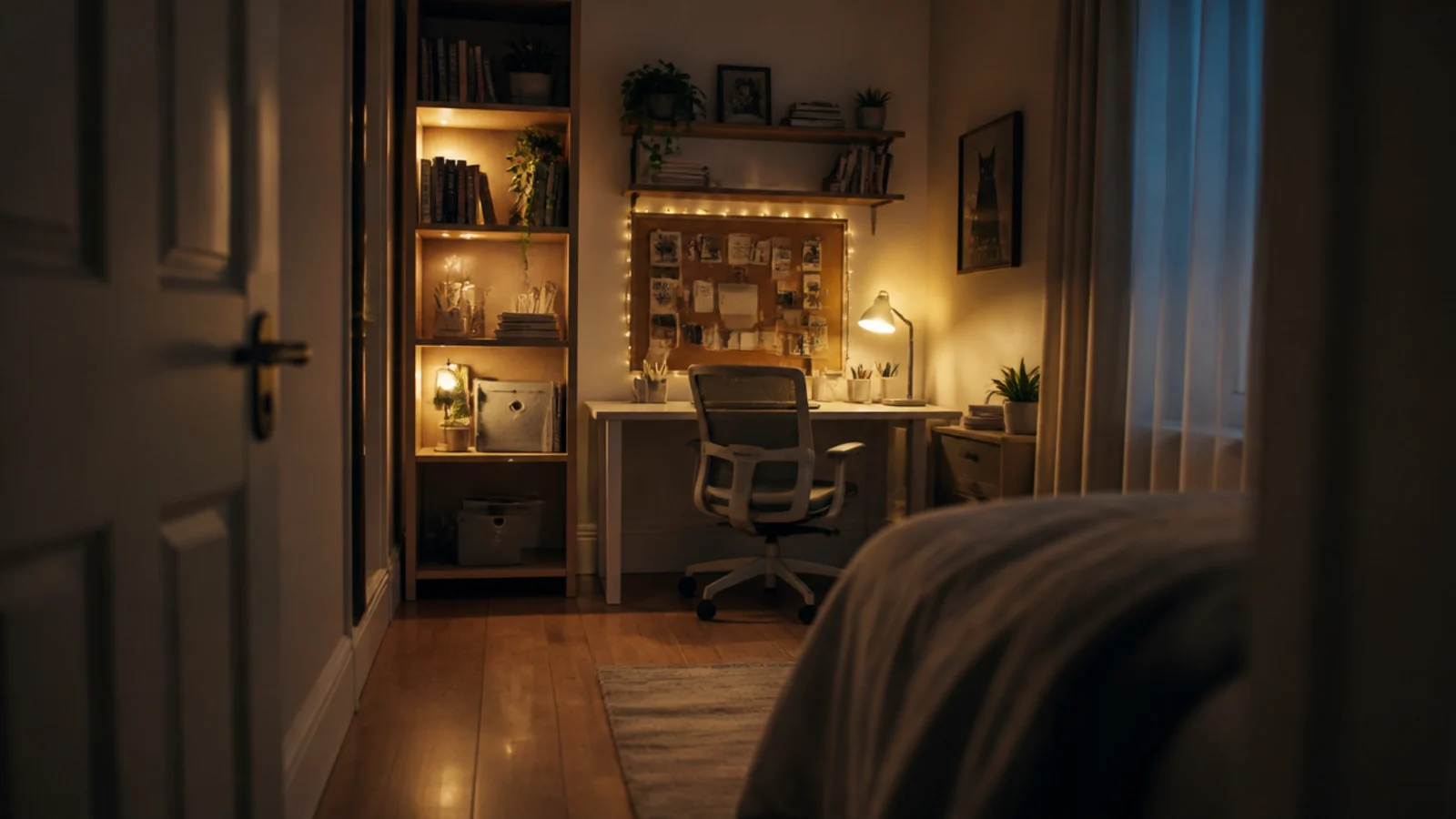 finished study corner seen from a bedroom doorway at dusk