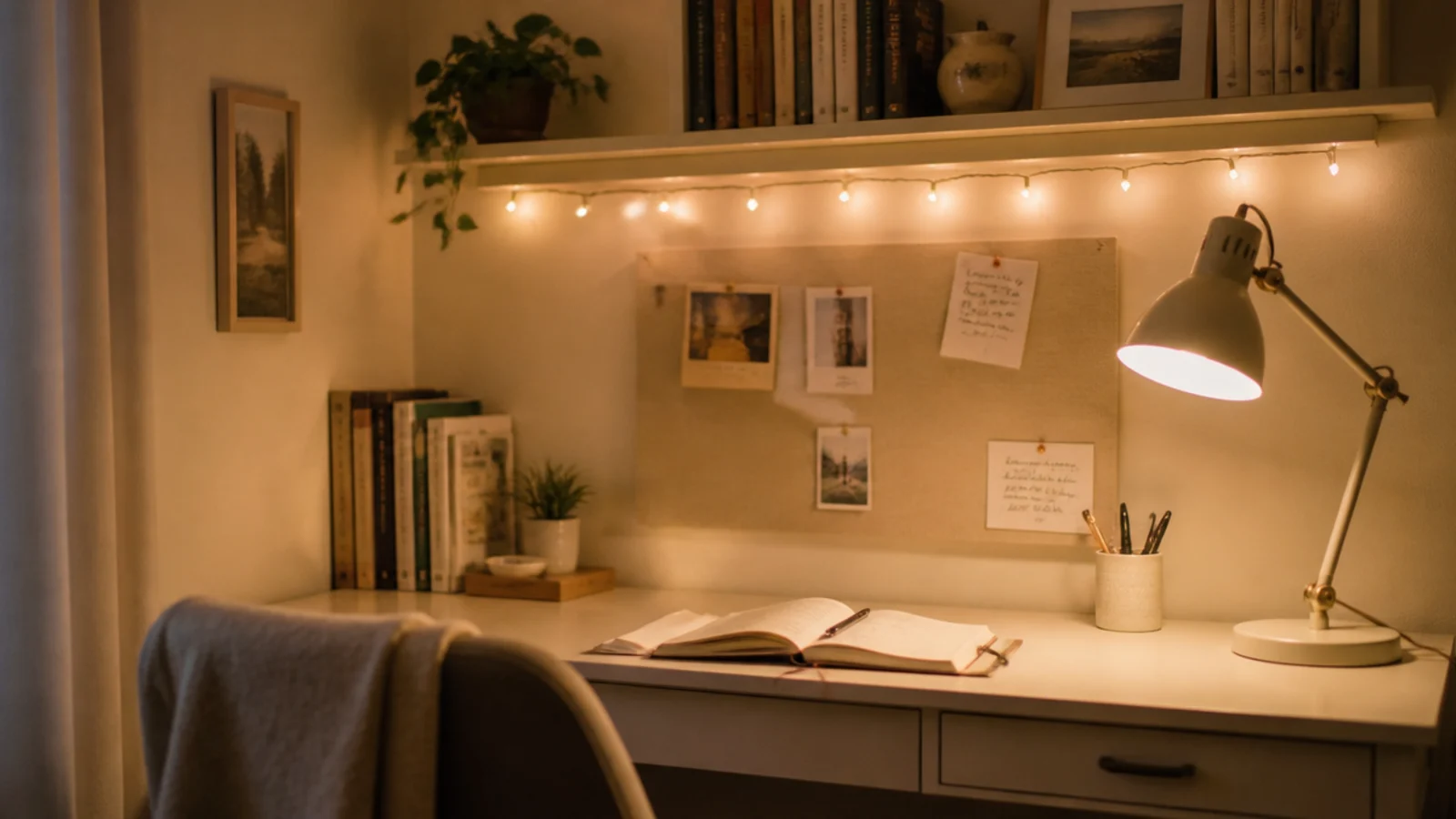 cute study desk corner with shelf string lights and soft pinboard