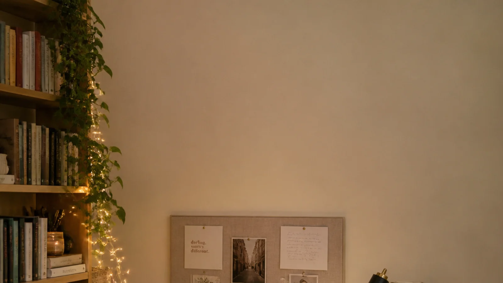 tall cute study desk corner with shelf lights pinboard and plant