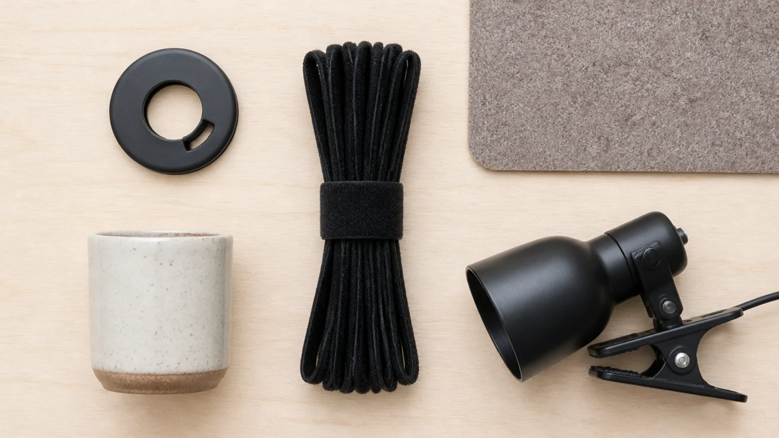 small pile of cheap desk fixes laid out on a wooden surface