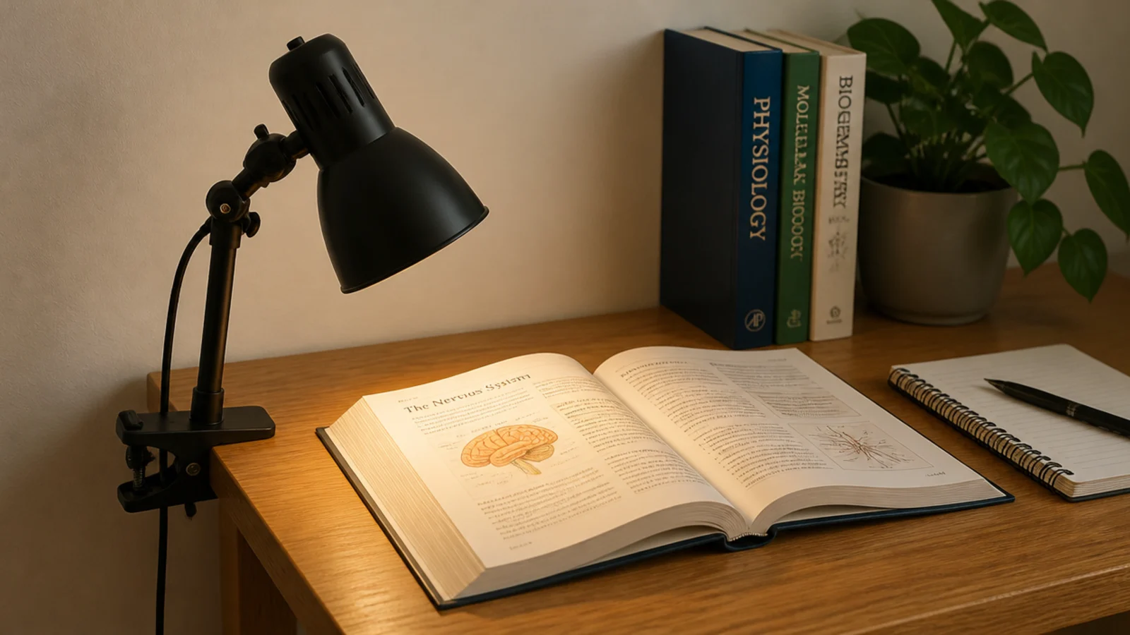 black clip lamp clamped to a desk edge lighting an open book