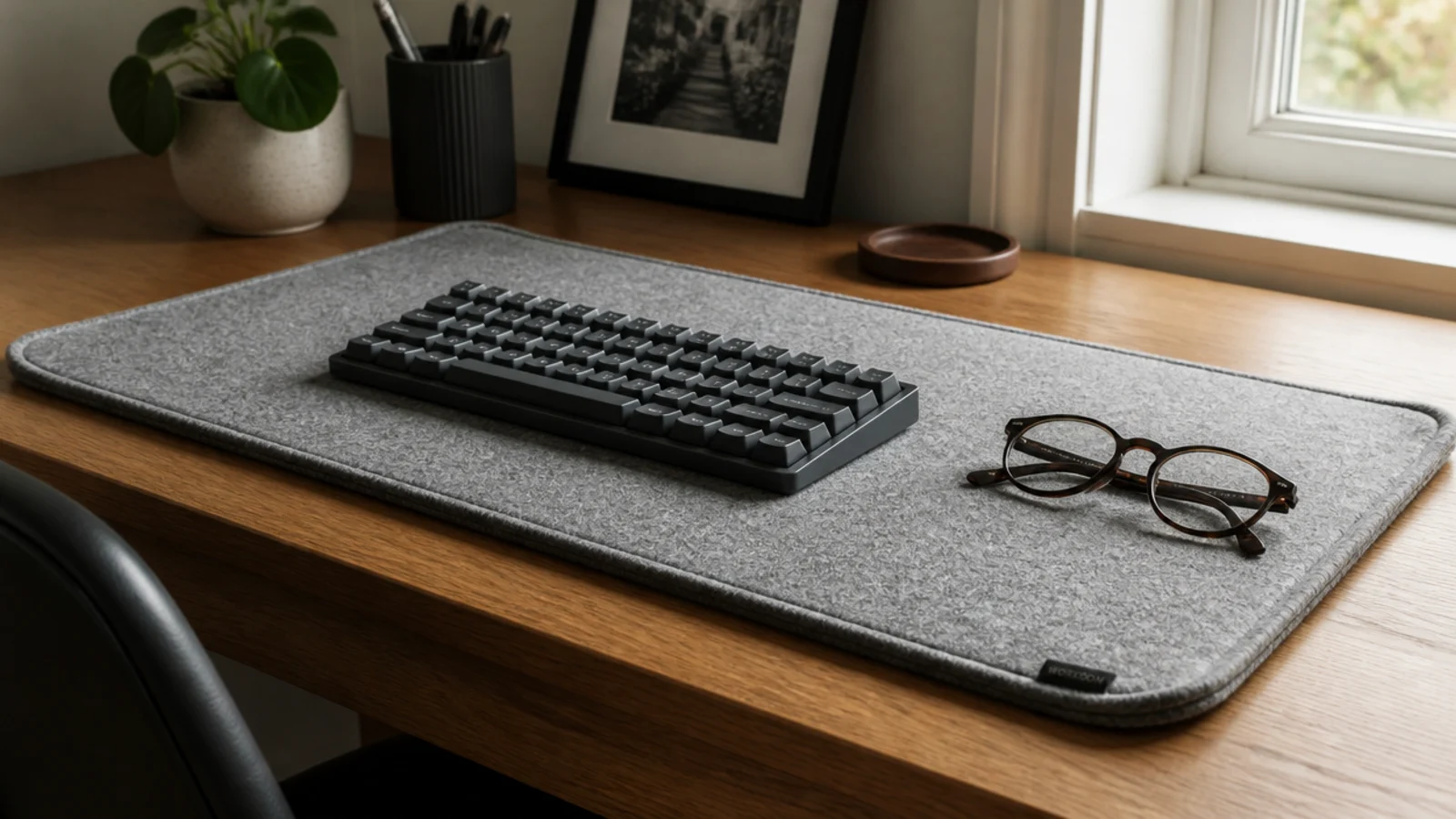 grey wool felt pad under a keyboard on a plain wooden desk
