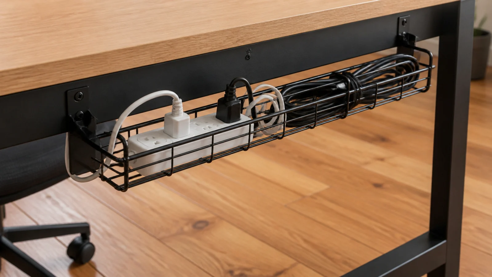 mesh cable tray fixed beneath a desk holding a power strip