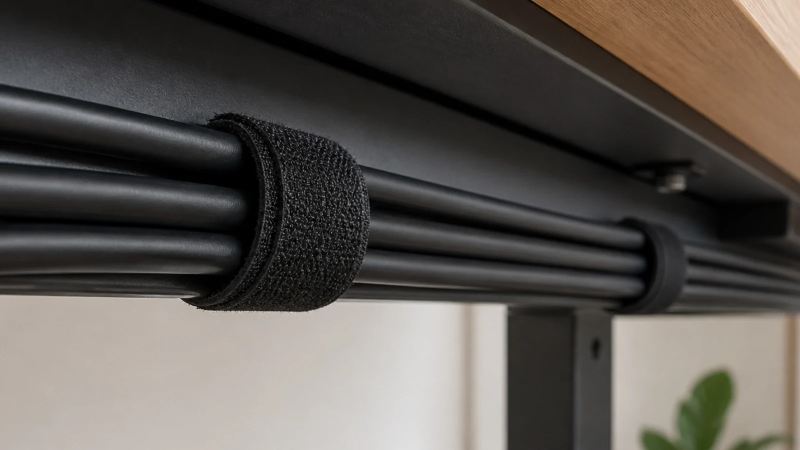 velcro strap gathering three black cables into one neat run