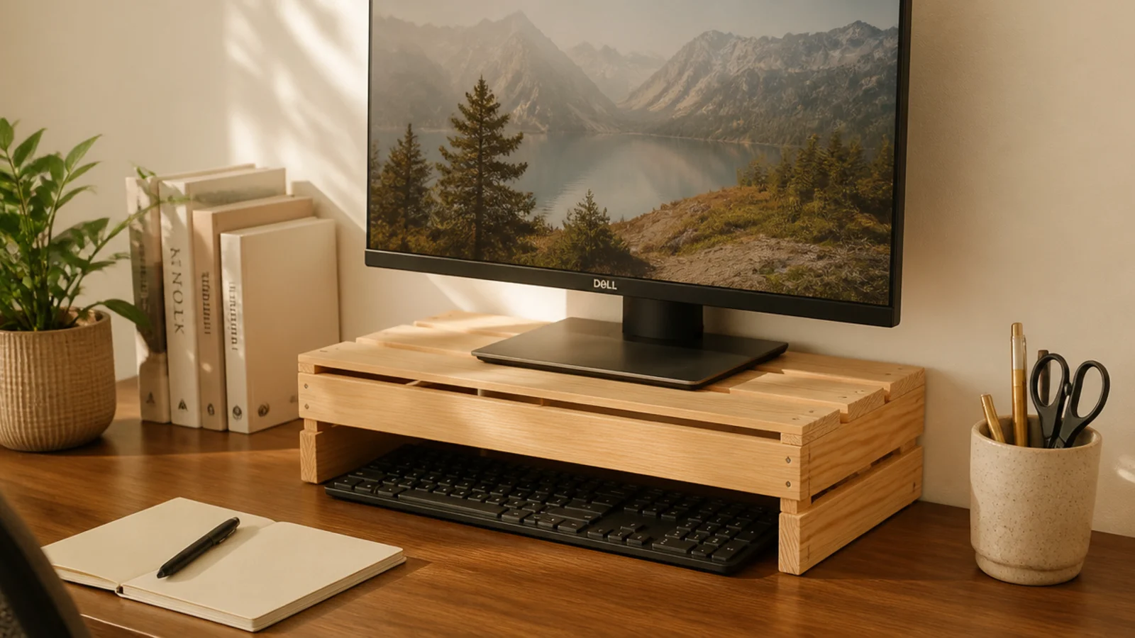 small wooden crate turned over to raise a monitor on a desk