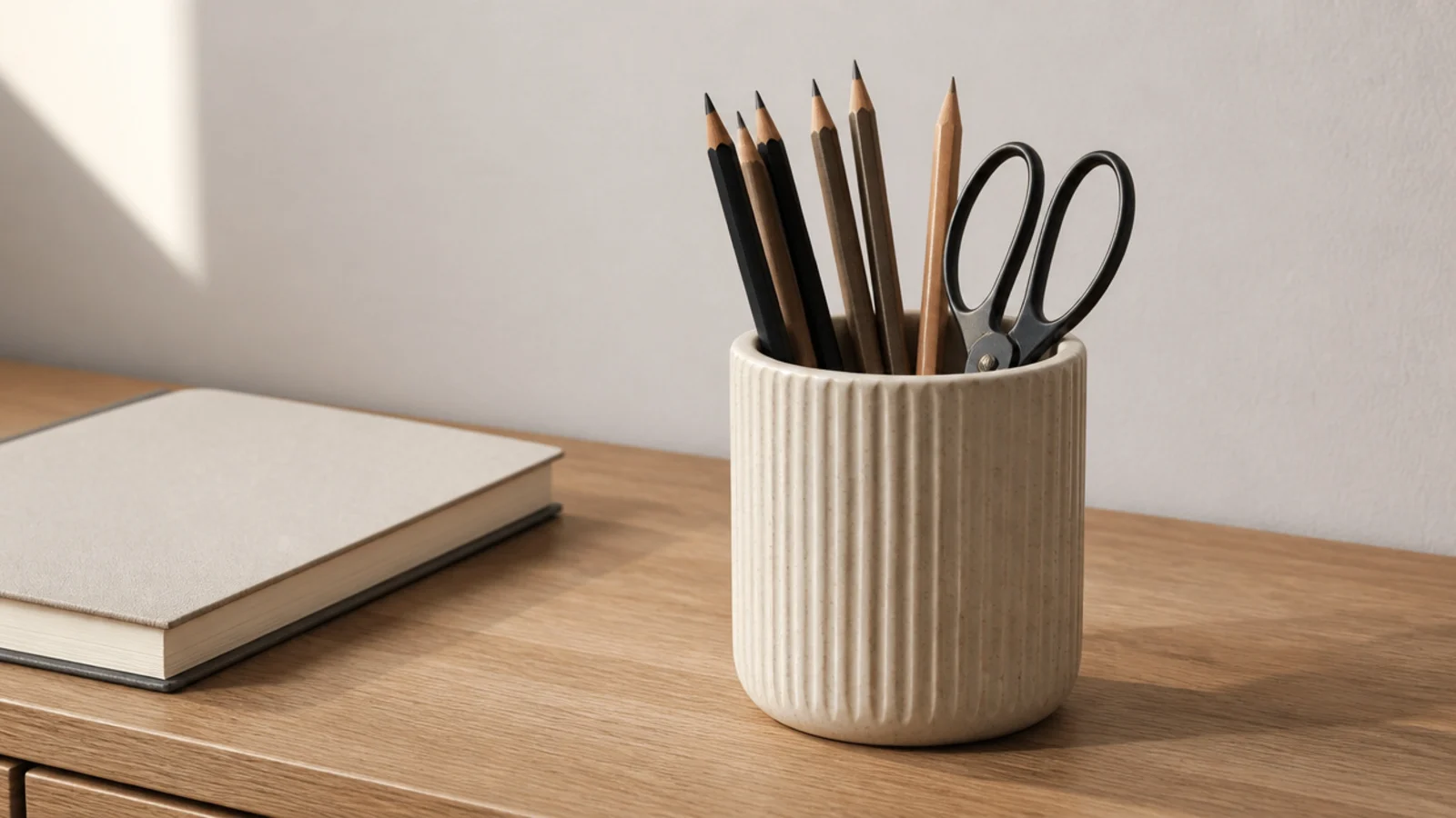 ribbed stoneware cup holding pencils on a bare wooden desk