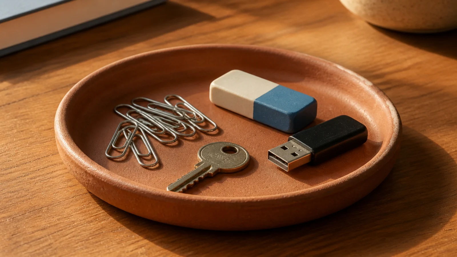 shallow clay tray on a desk holding clips a key and eraser