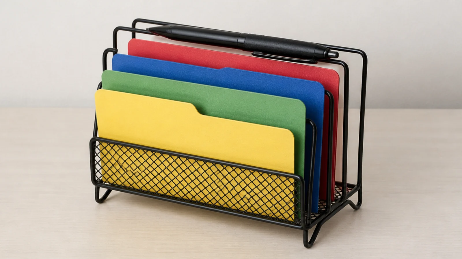 wire file rack holding four upright folders on a study desk