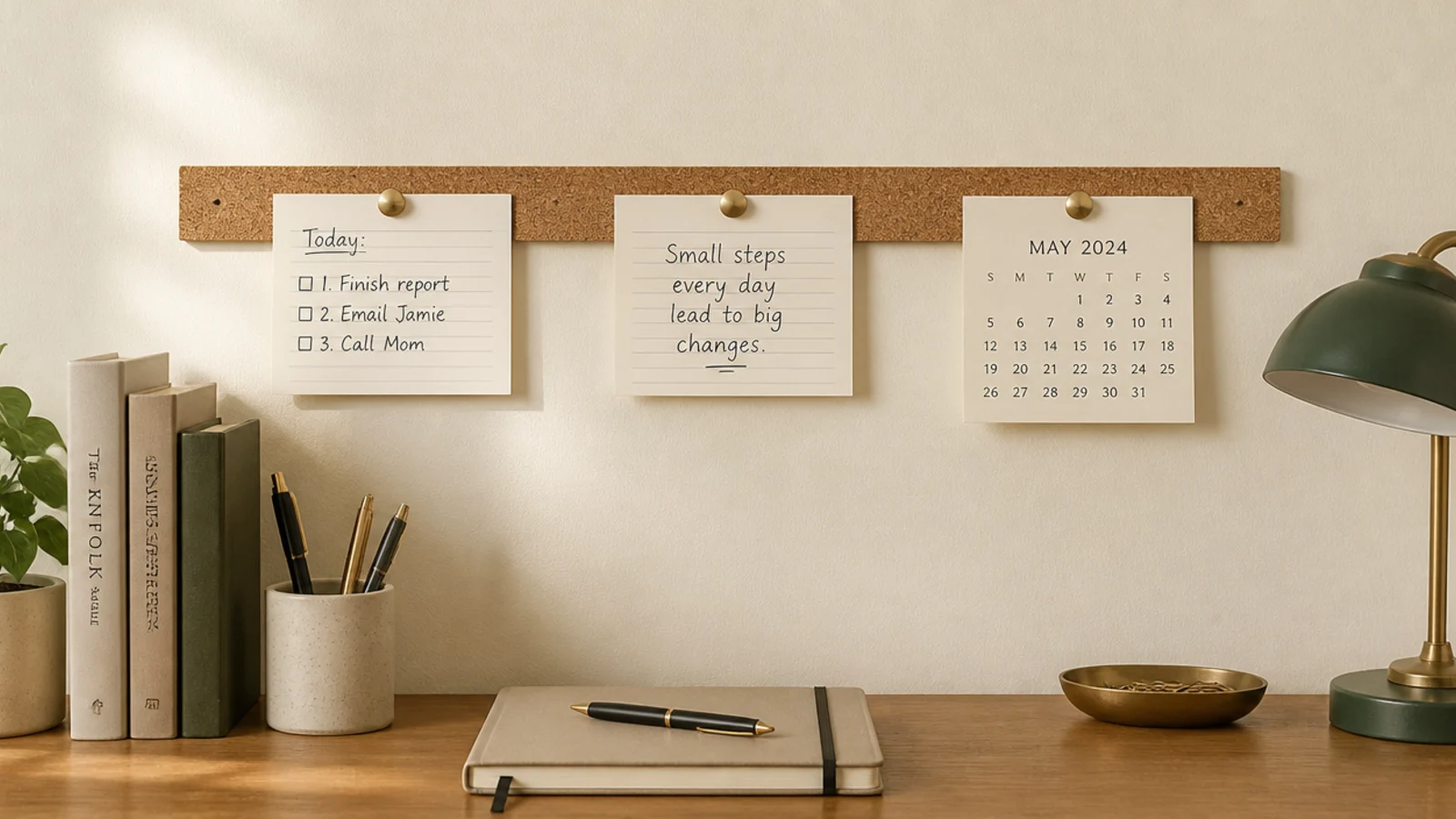 narrow cork strip on the wall pinned with two dated cards