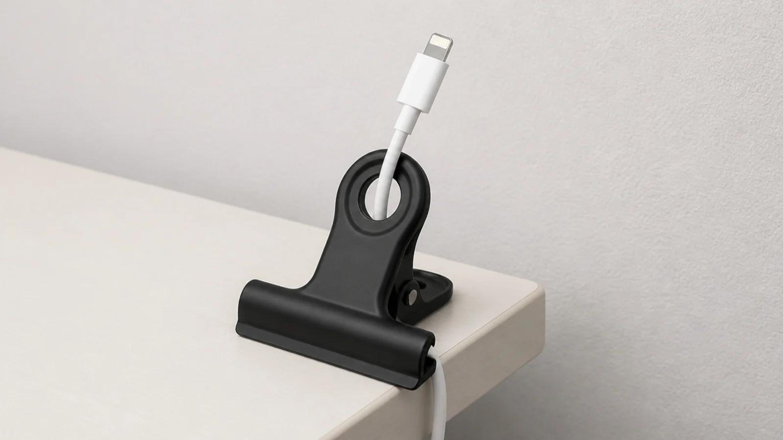 bulldog clip on a desk edge holding a white charging cable