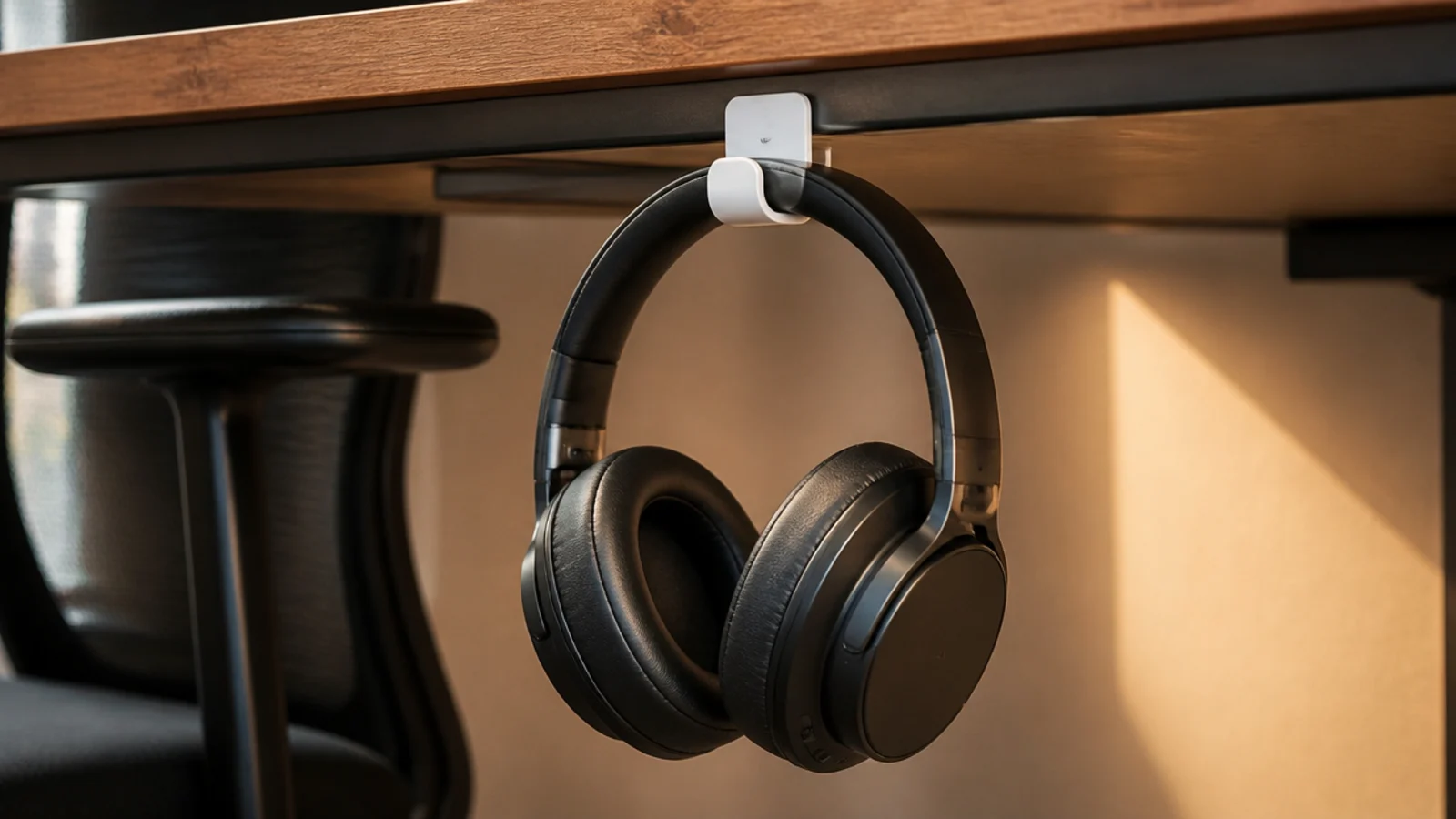 over ear headphones hanging from a small hook under a desk