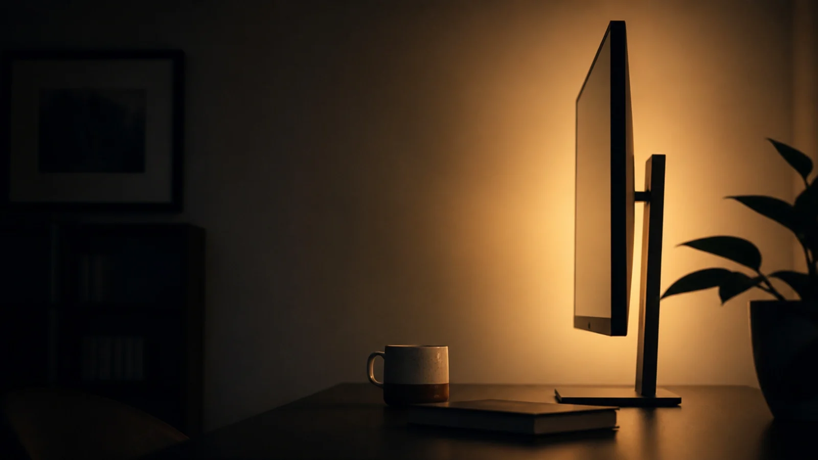 warm amber glow behind a monitor lighting a plain pale wall