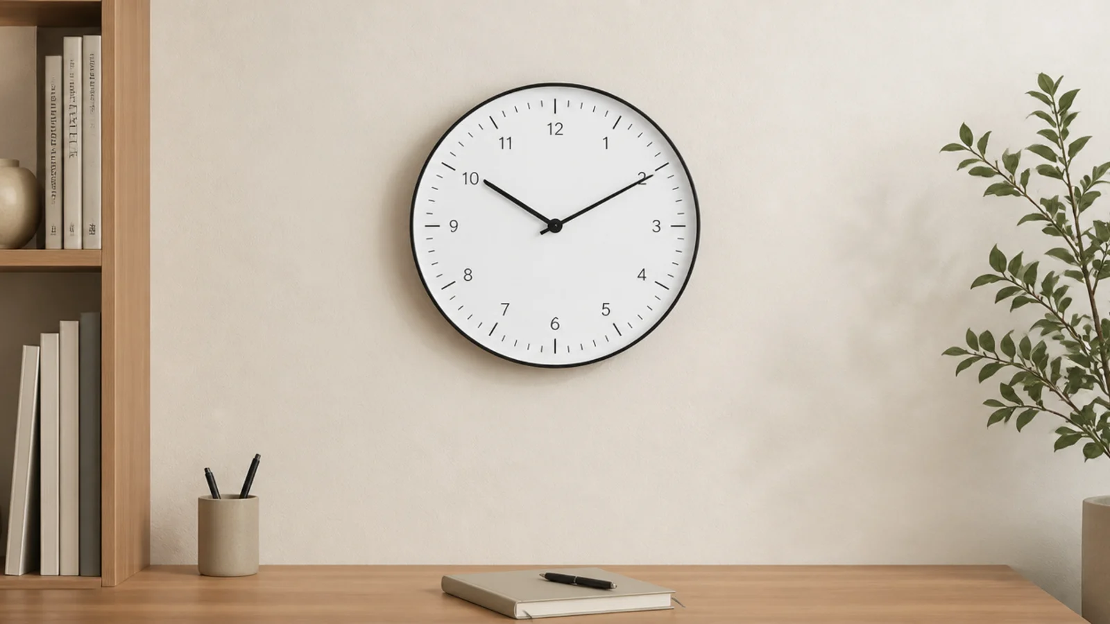 plain white wall clock hung on the side wall by a desk