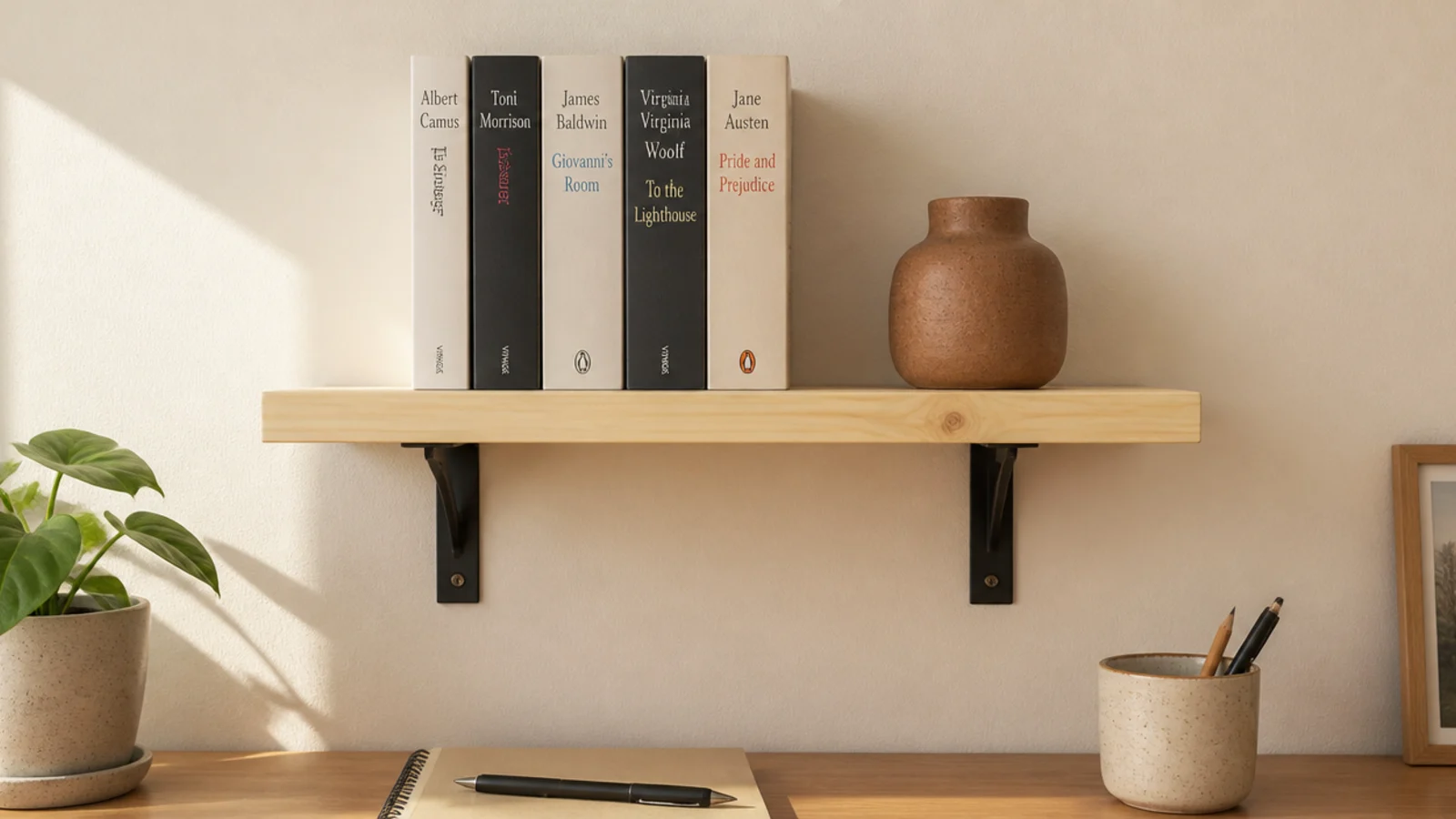 short timber shelf on two plain brackets above a study desk