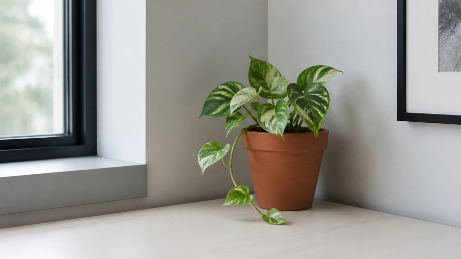 small pothos in a four inch clay pot at a desk corner