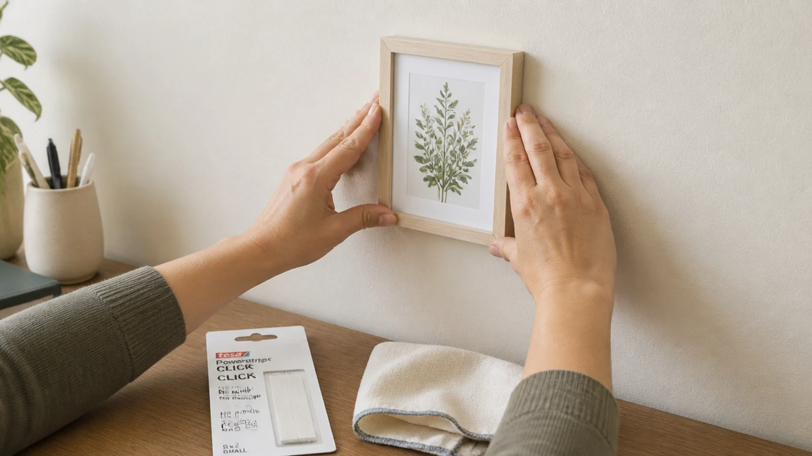 small framed print held to a wall with adhesive mounting strips