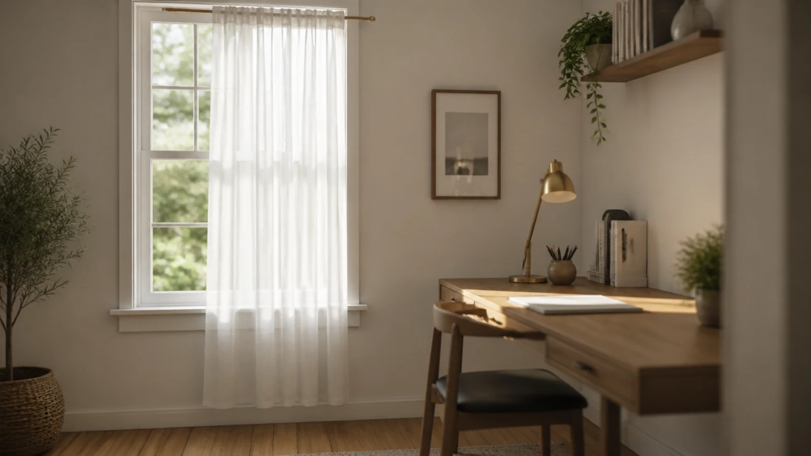 sheer white voile panel softening midday light beside a desk