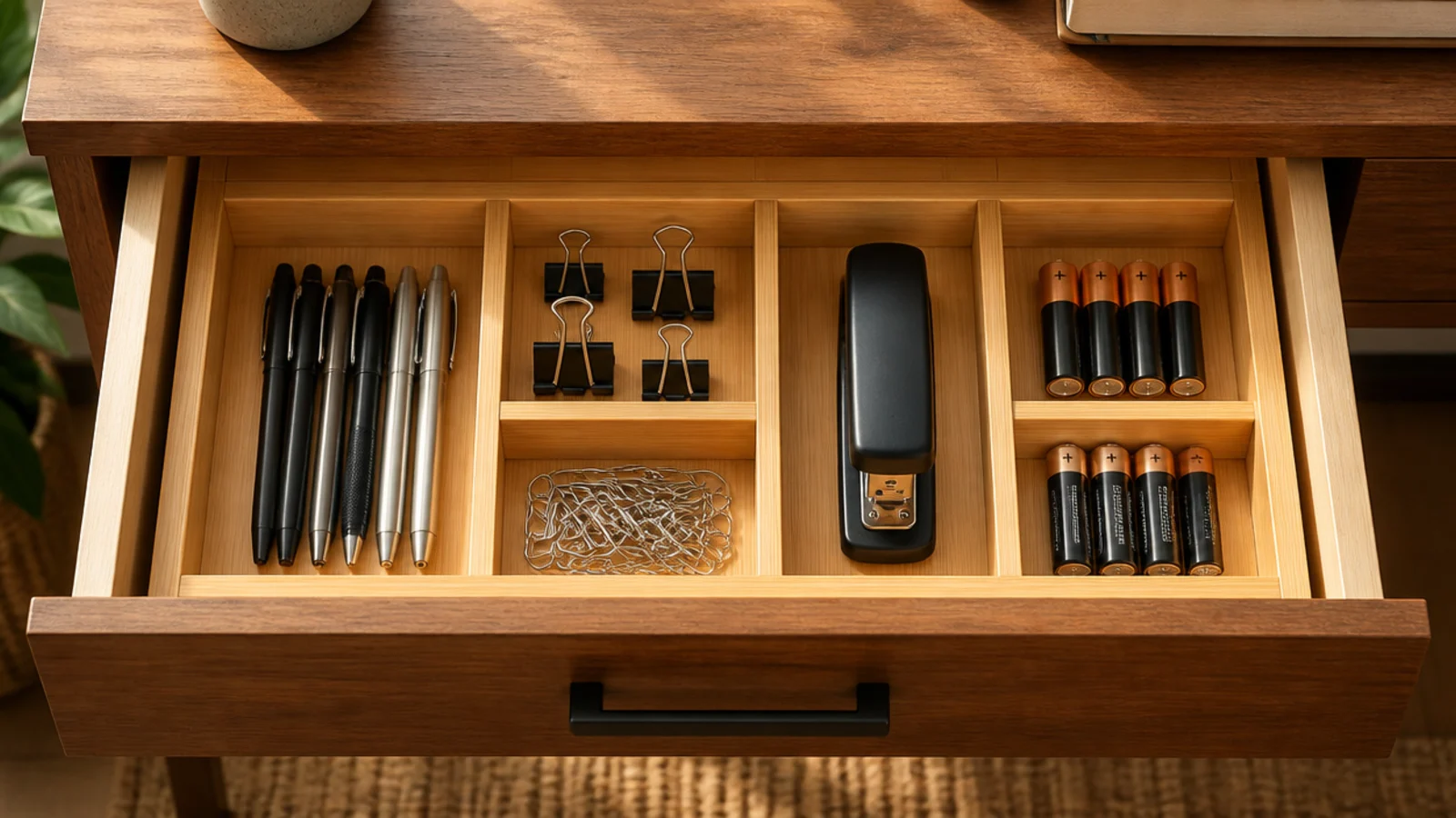 compartment insert inside a desk drawer holding sorted stationery