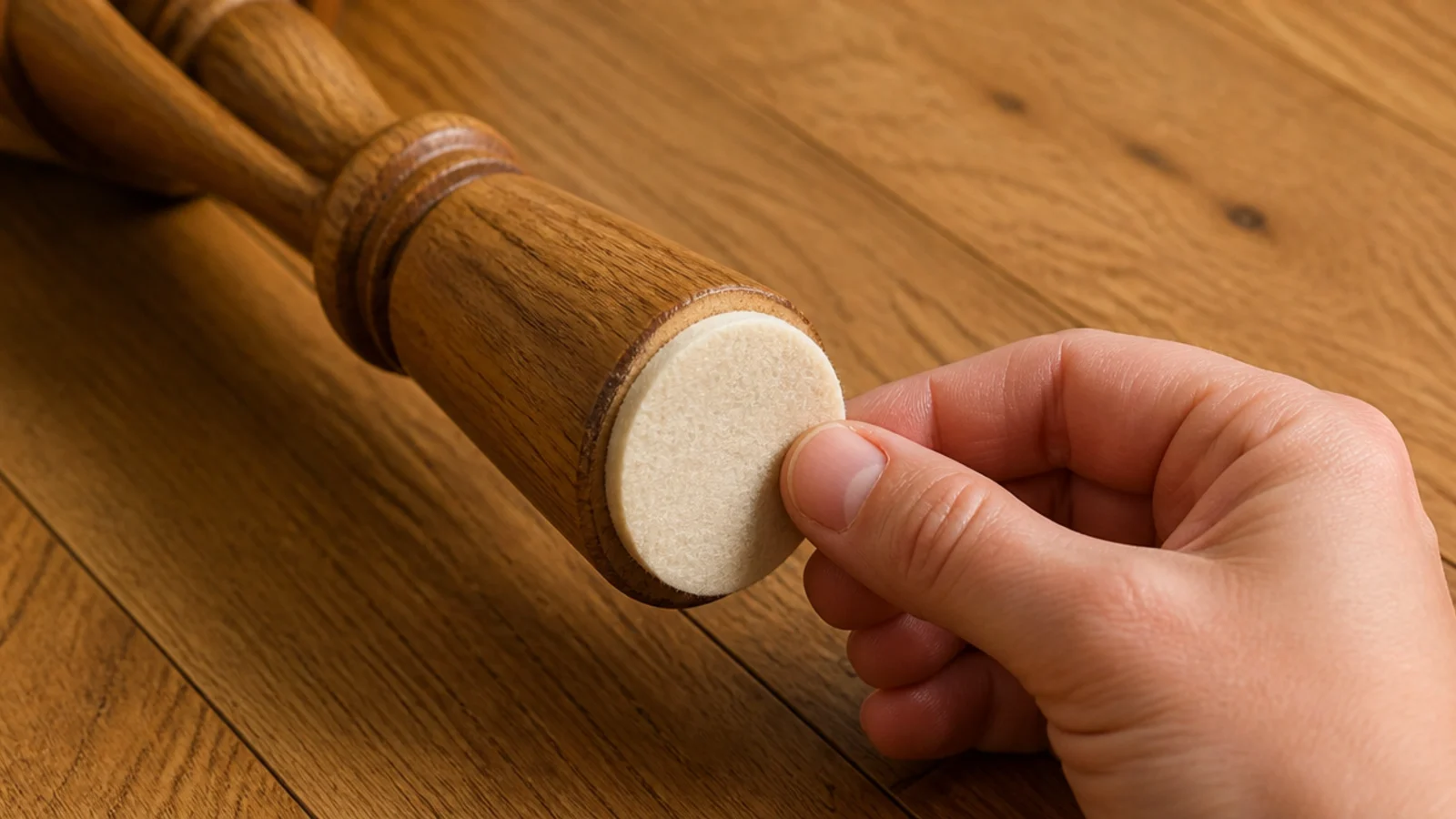 self adhesive felt pad being pressed onto a wooden chair leg
