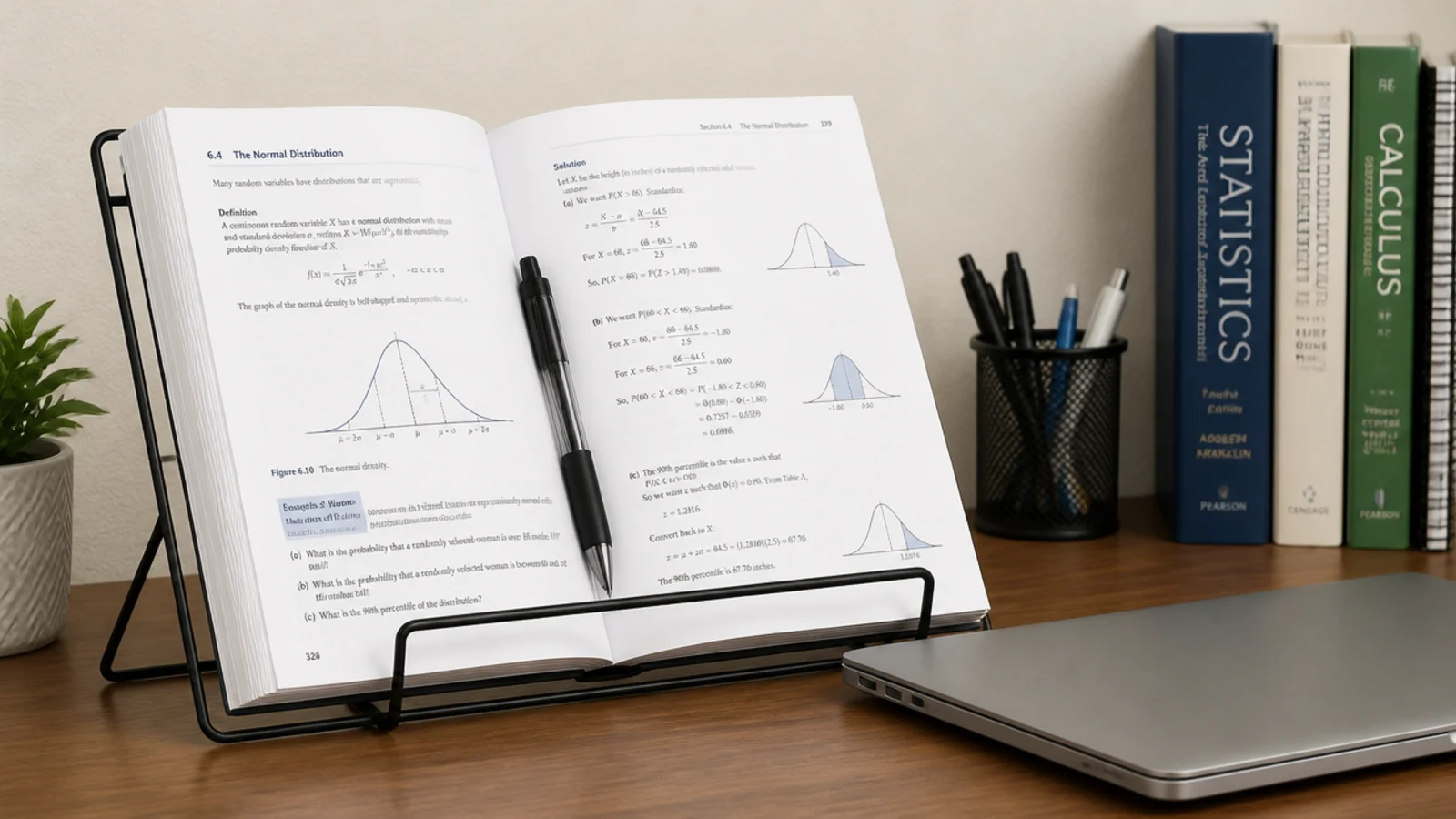 angled copy holder propping an open textbook beside a laptop