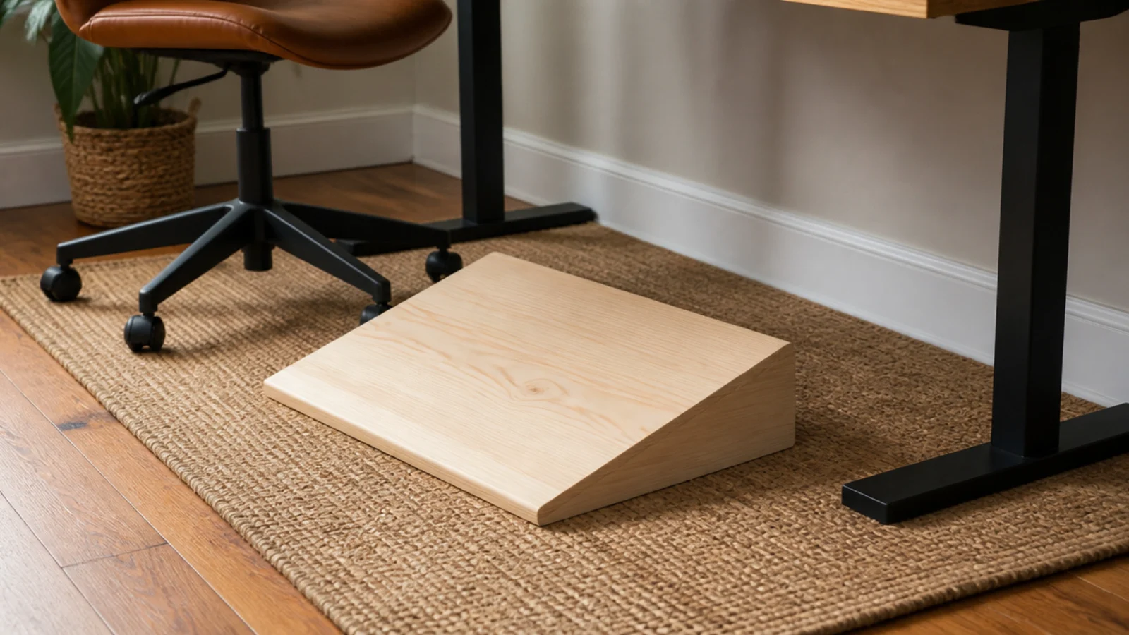 angled footrest wedge on the floor beneath a tall study desk
