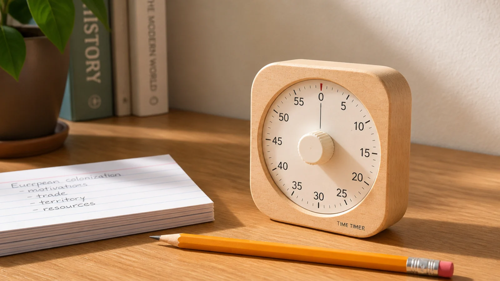 small wooden kitchen timer standing on a desk beside notes