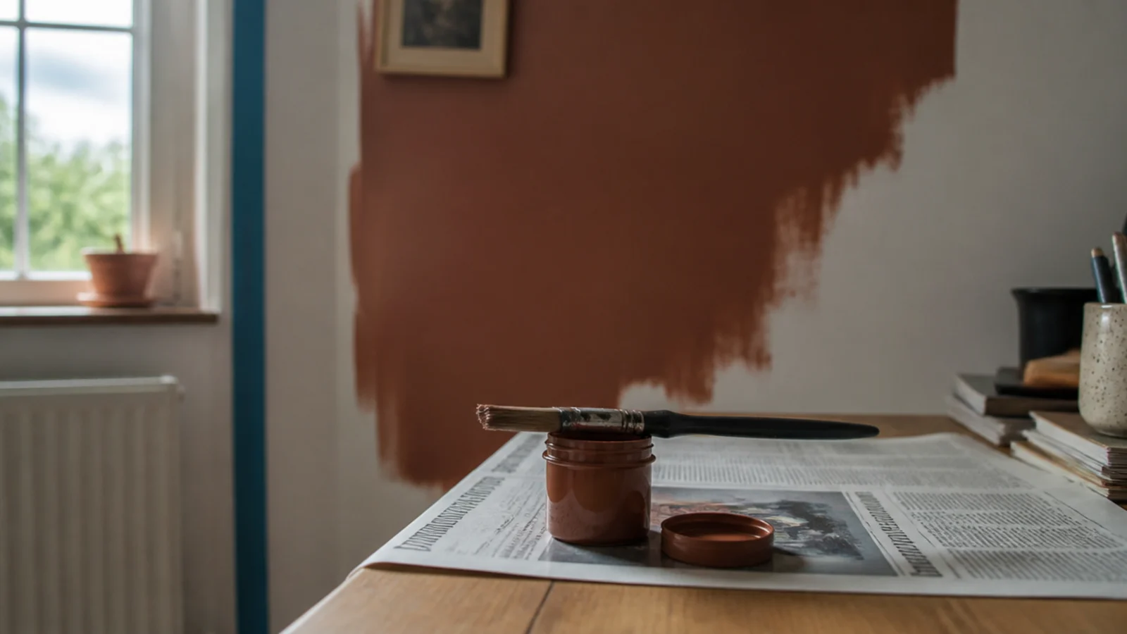 paint tester pot and brush on newspaper beside a desk wall