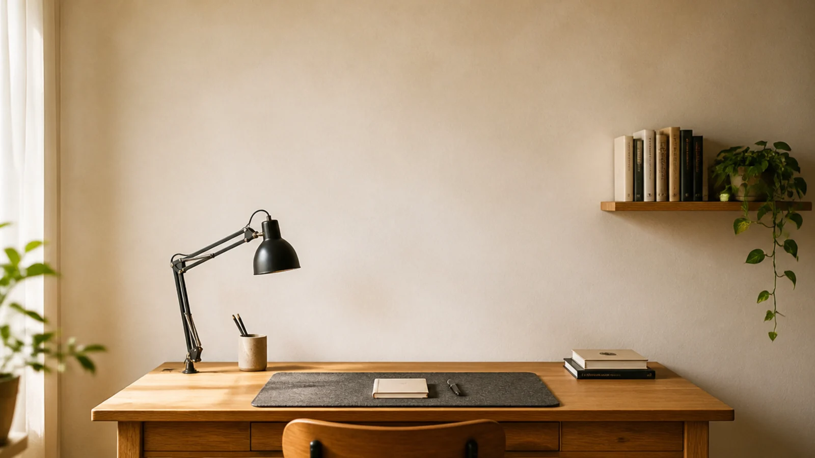 tall simple study desk view with lamp felt pad shelf and plant
