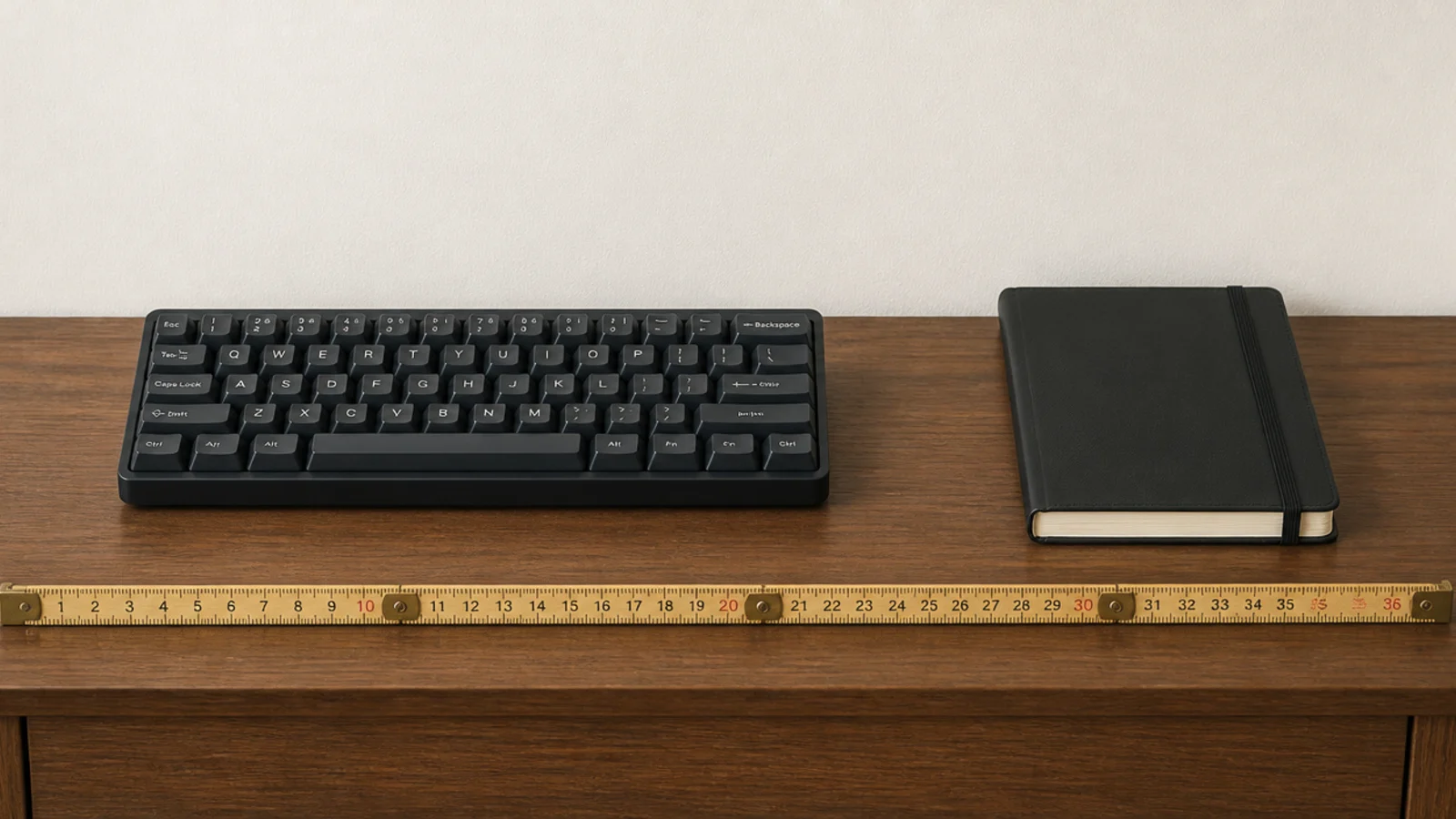 folding rule laid across a narrow desk top measuring its depth