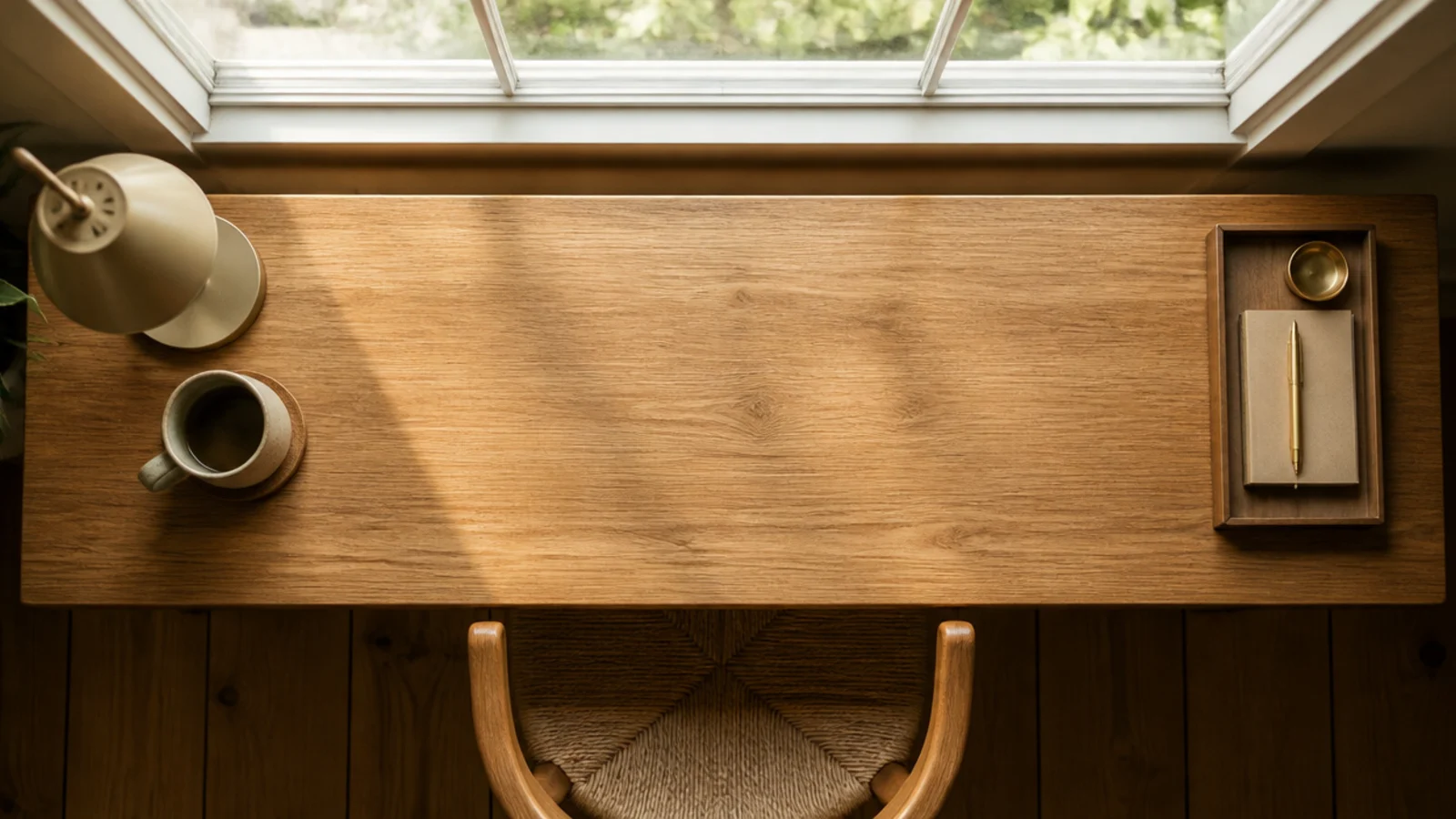 desk surface split into a clear centre with objects at both ends