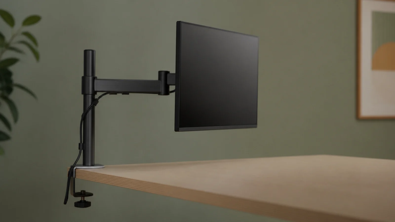 monitor arm clamped to a narrow desk with a clear surface below