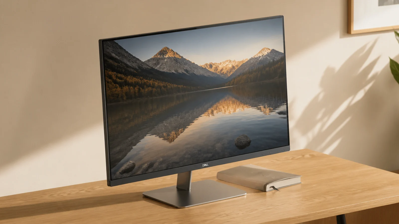 monitor with a narrow flat stand base on a shallow desk top