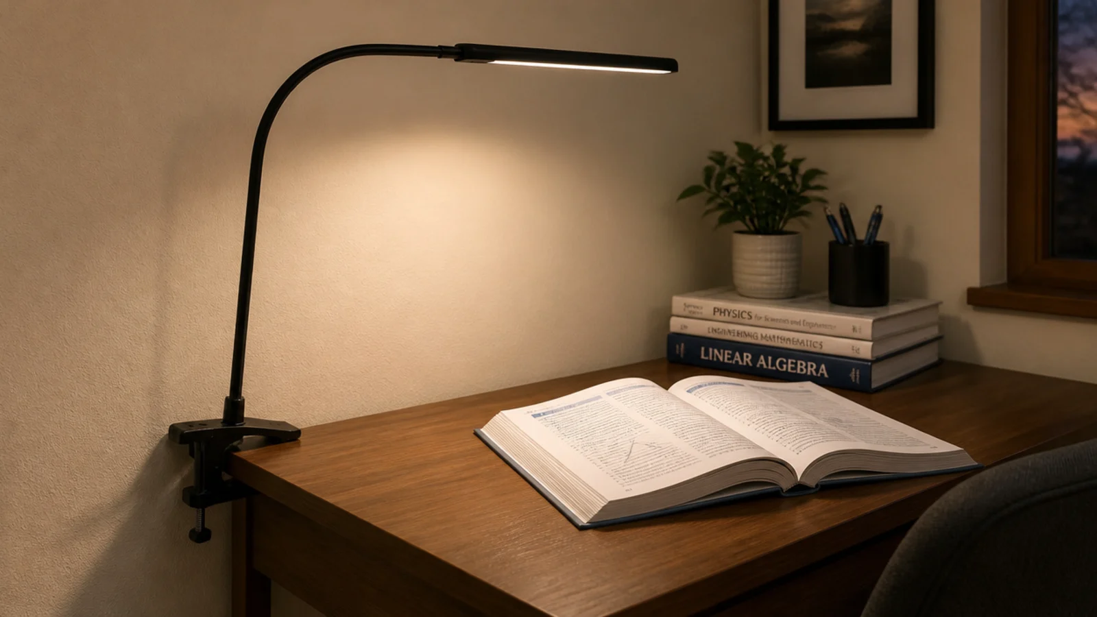 clamp lamp gripping a desk edge with nothing on the surface