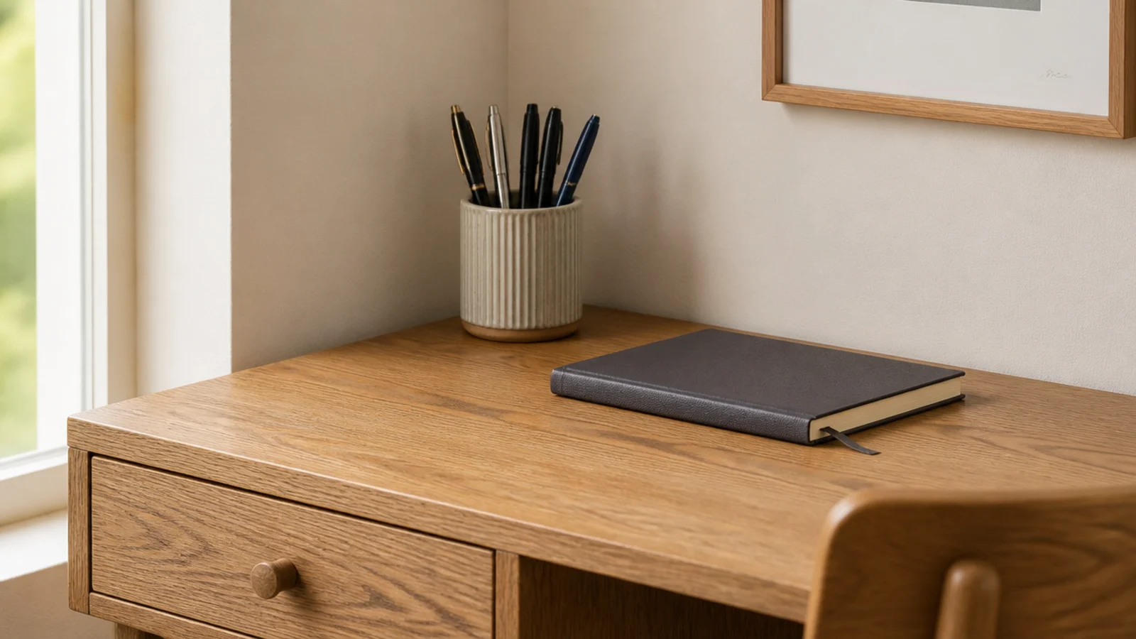 single small stoneware cup holding six pens on a compact desk