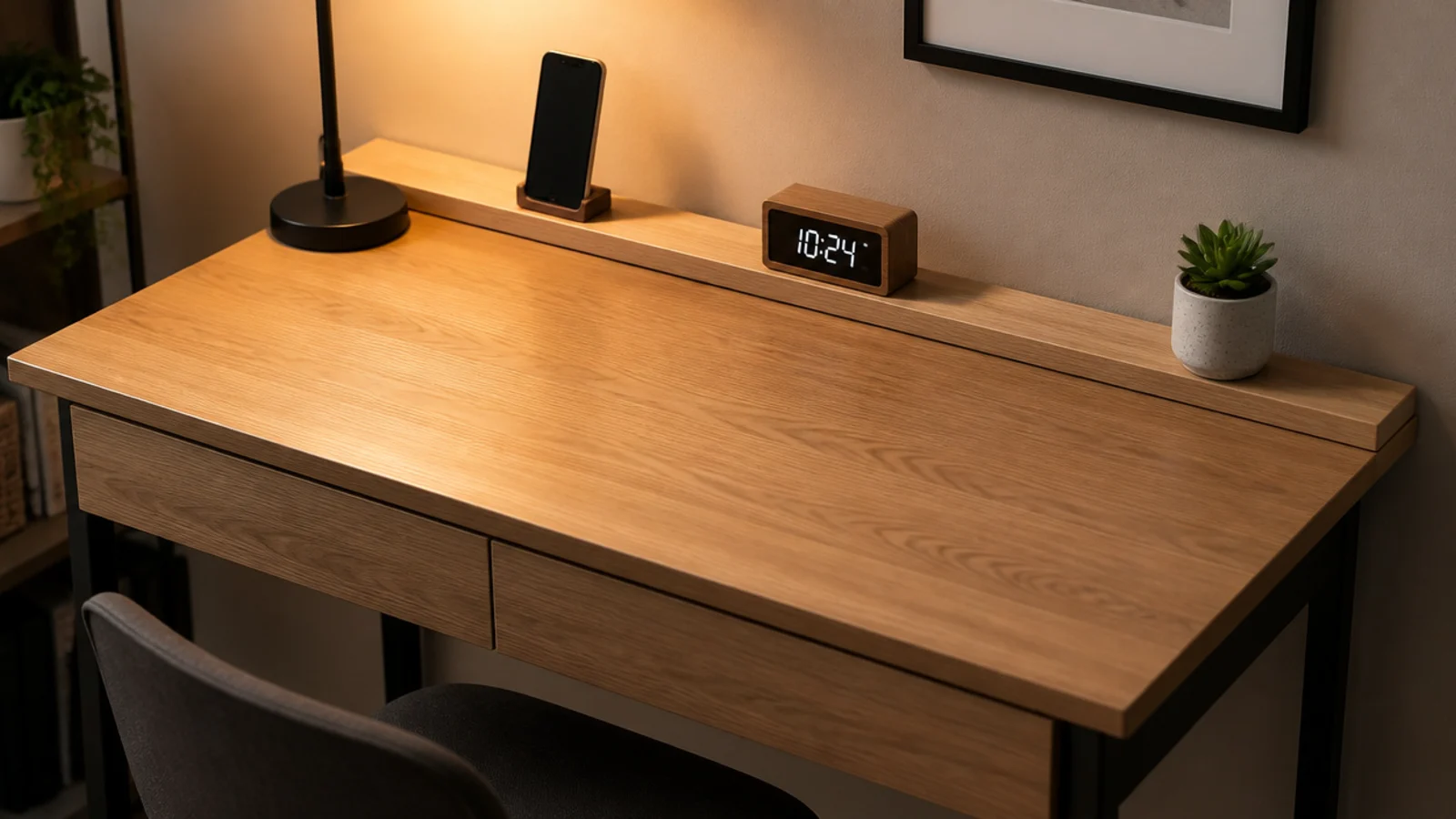 slim riser ledge along the back edge of a small study desk