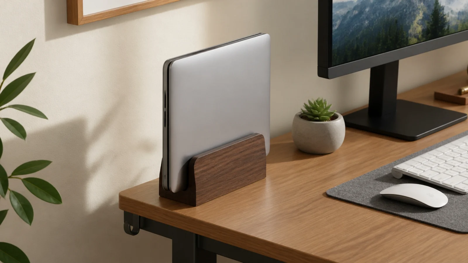 closed laptop standing upright in a vertical dock beside monitor