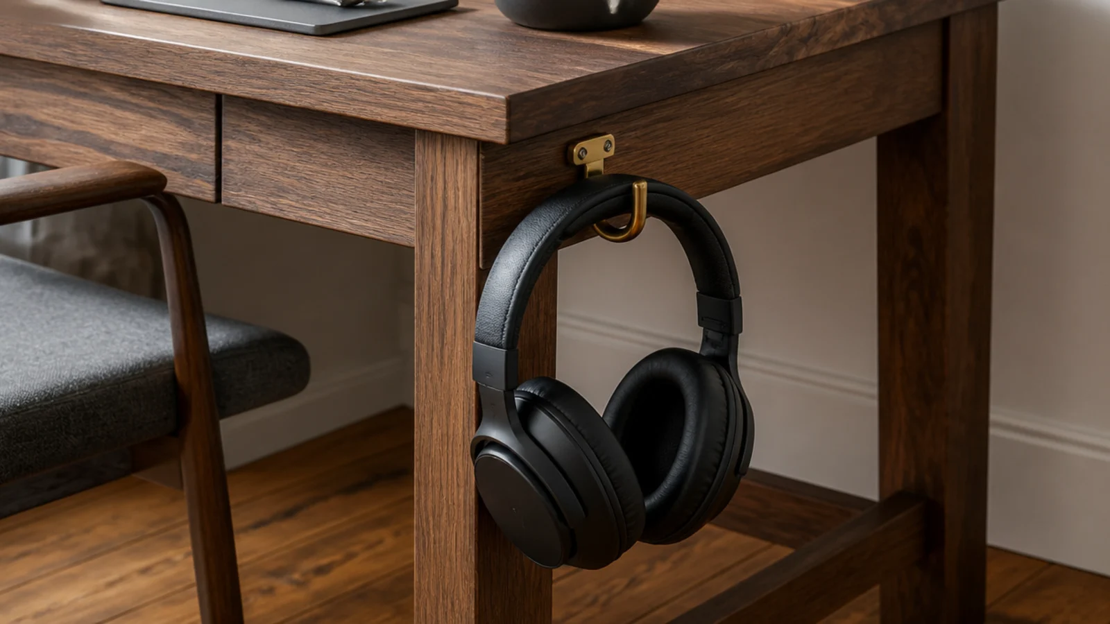 headphones hanging beneath the front edge of a compact desk